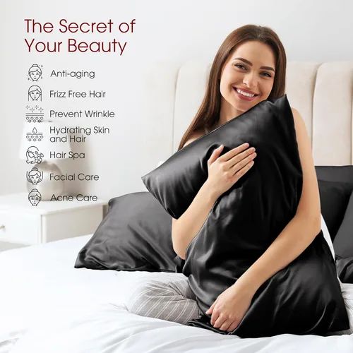 Vista 3 de Fundas de almohada de seda 100% 2 unidades, tamaño estándar, seda de morera para cabello y piel, juego de 2, seda de grado superior 6A, suave Negro