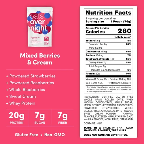 Vista 2 de Oats Overnight Mezcla de bayas y crema, avena durante la noche con 0.71 onzas de proteína, batido de proteína de desayuno alto en fibra, avena sin