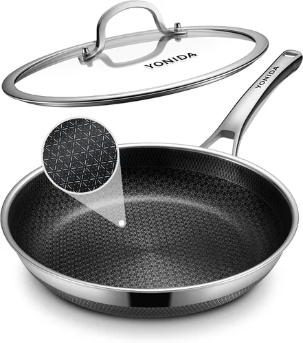 Vista 8 de Sartenes antiadherentes, sartenes híbridas para hornear de 12 pulgadas con tapa Sartén de acero inoxidable, sartén para huevos de cocina