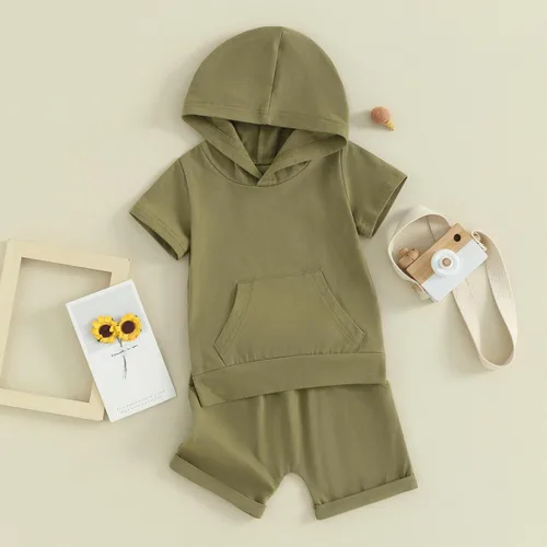 Vista 3 de Conjunto de ropa casual de manga corta con capucha y pantalones cortos para bebés y niños pequeños