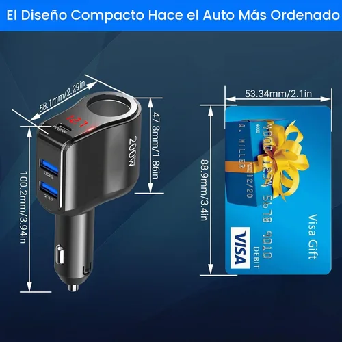 Vista 6 de Adaptador de cargador de coche PD USB C de 200 W: divisor de enchufe de encendedor de cigarrillos de 12 V Enchufe de CC de 12 voltios Toma