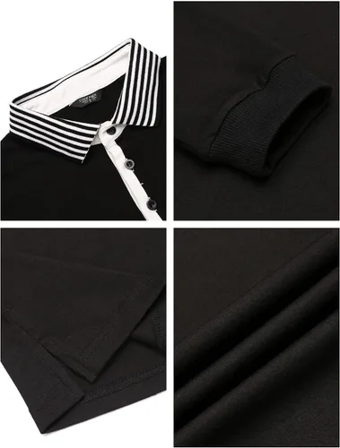 Vista 5 de COOFANDY Polo de manga larga para hombre, cuello a rayas, casual, ajustado, de algodón