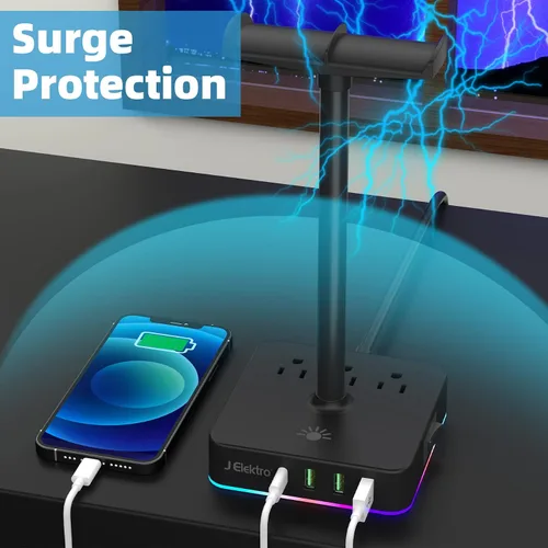 Vista 5 de J Elektro Regleta de alimentación con USB RGB02 soporte para auriculares con función RGB multiinterfaz, puertos de carga rápida, amplia