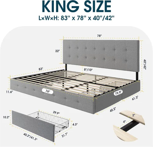 Vista 18 de WEEWAY Base de cama de plataforma tamaño King con 4 cajones de almacenamiento, cabecera capitonada con botones de costura de diamante, base de Negro
