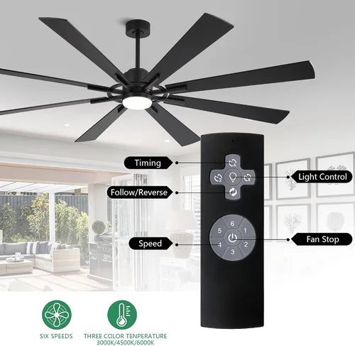 Vista 2 de WINGBO Ventilador de techo CC de 72 pulgadas con luces y 3 varillas descendentes, negro mate, 8 cuchillas de madera contrachapada, motor CC