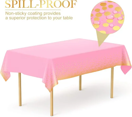 Vista 4 de HOMIX Manteles de plástico rosa y dorado para mesas rectangulares, paquete de 6 manteles desechables de fiesta, fundas de mesa de confeti de punto