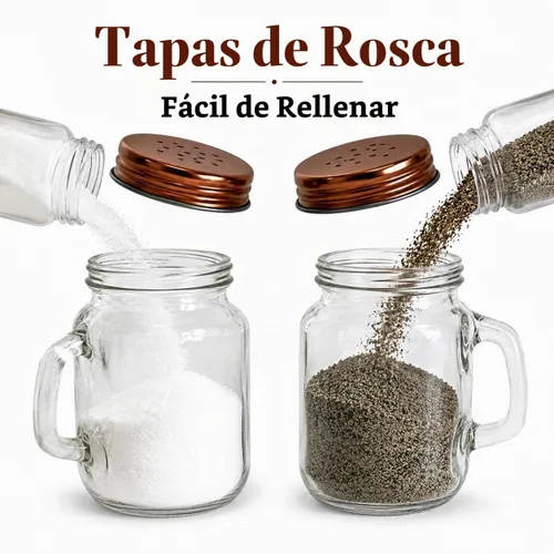 Vista 4 de Mason Jar - Juego de saleros y pimenteros de 4 onzas con asas, tapas de tono cobre, estilo rústico, estilo granja, cocina, comedor