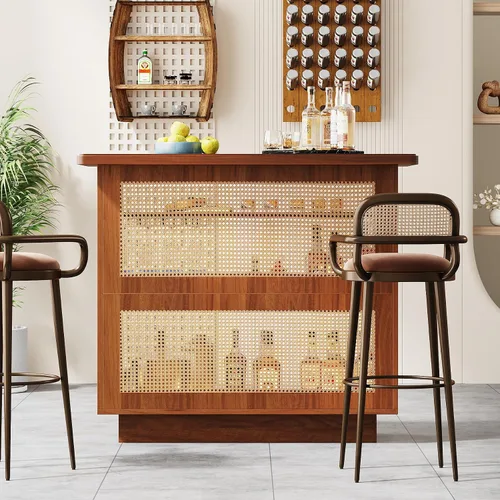 Vista 7 de Tribesigns: unidad de bar para el hogar de ratán, mesa de bar de 4 estantes estilo granja con 4 portavasos y base elevada, gabinete de bar