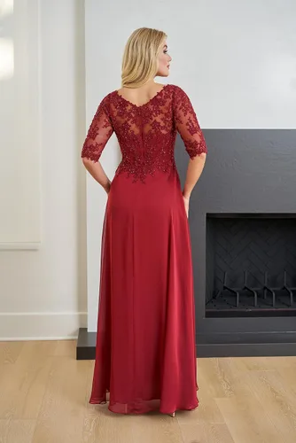 Vista 2 de Women's V Neck Lace Appliques Mother of The Bride Dress with Sleeves Slit Long Formal Party Gowns