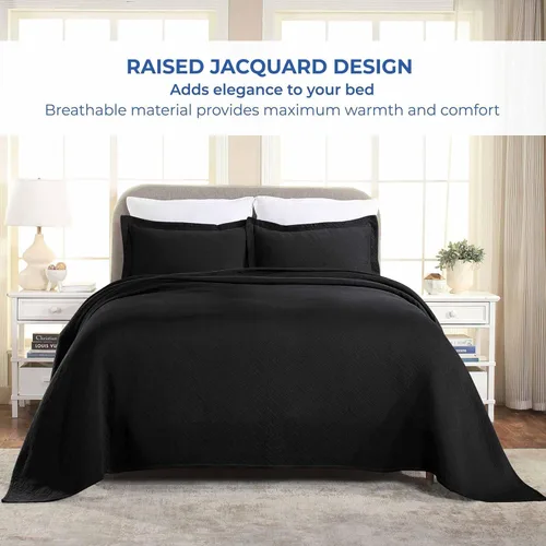 Vista 8 de Superior Colcha de Tejido de Cesta 100% Algodón con Fundas, Ropa de Cama Jacquard Matelassé de Algodón Premium para Todas las Estaciones, Cesta Negro