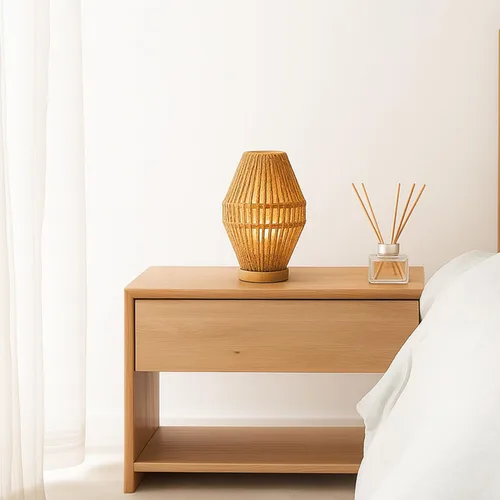 Vista 3 de Lámparas de mesa boho para dormitorio y sala de estar - Pequeñas linternas de canasta tejida natural con pantallas de cuerda de papel