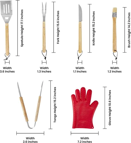 Vista 4 de Makerflo Juego de accesorios para parrilla de barbacoa, caja de herramientas de madera de arce, utensilios de acero inoxidable con guantes, kit