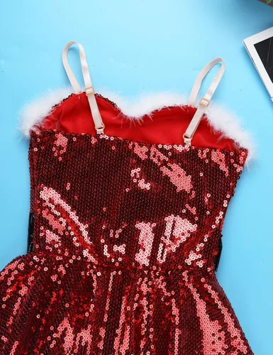 Vista 4 de CHICTRY Disfraz de señora Claus para niña lentejuelas brillantes vestido de fiesta de princesa con sombrero y mangas