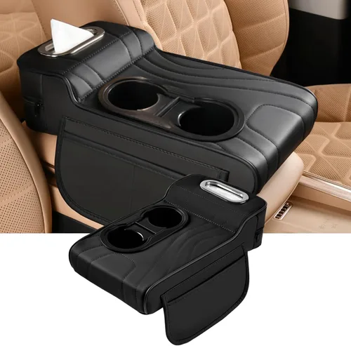 Vista 7 de Funda para consola central de coche, de cuero de microfibra con 2 portavasos, accesorios interiores universales para automóvil, negro