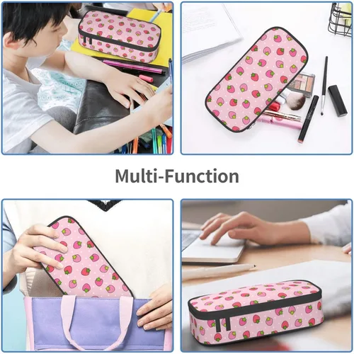 Vista 7 de Estuche para lápices con lunares rosados de fresa de gran capacidad, bolsa de papelería con cremallera, soporte portátil para bolígrafos