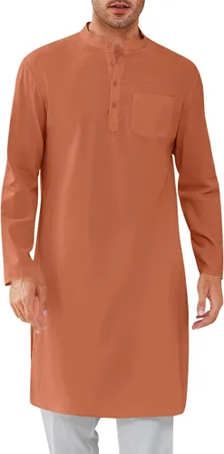 Vista 7 de Bata de caftán para hombre, con botones, manga larga, estilo Henley, de algodón, casual, con abertura lateral Blanco