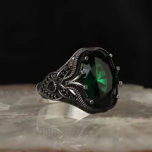 Vista 3 de Zircon Ring-925k Unisex Silver Jewelry-Vintage Gemstone Ring-Gift for Him and Her-925k Turkish Handmade Sterling Silver Green Ring