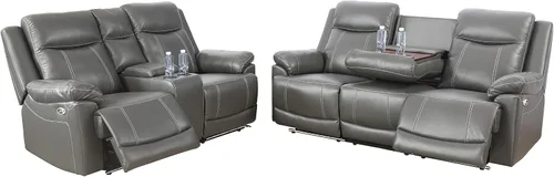 Vista 10 de Juego de sofá reclinable de 3 piezas, muebles de sala de estar, tapicería de cuero de aire, puertos de carga USB 2.0, tiras de luz LED, mesa