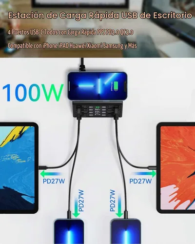Vista 2 de Cargador USB, ASOMETECH 100 W, 8 puertos, estación de carga USB múltiple con 4 puertos de carga rápida 3.0, 4 puertos USB C PD, cargador Negro