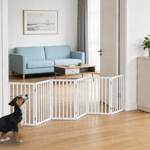 Vista 22 de Puerta para perros para interiores, valla independiente para perros, para la casa, puertas, pasillos o escaleras, puerta para mascotas plegable