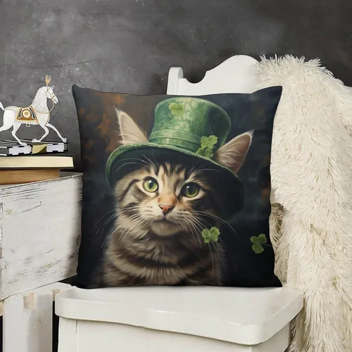 Vista 16 de Fundas de almohada de granja con diseño de feliz día de San Patricio con un gato en un sombrero de trébol, fundas de almohada de terciopelo