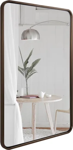 Vista 30 de Espejo de latón para baño, espejo rectangular redondeado de 22x30 pulgadas con marco de metal cepillado dorado, espejo de tocador de baño sin