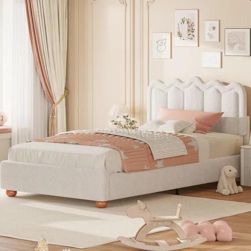Vista 9 de LIDYUK Marco de cama individual con cabecera ajustable, marco de cama tapizado Boucle tamaño individual, marco de cama de plataforma con soporte