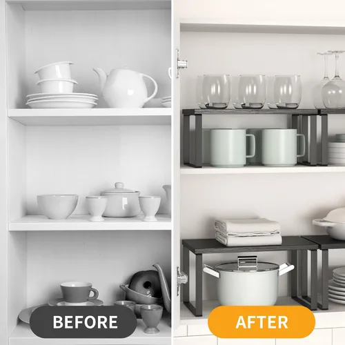 Vista 4 de Juego de 4 estantes organizadores de armario de cocina, estantes resistentes para encimera de cocina con patas de metal, estante apilable de madera