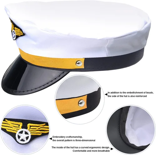 Vista 2 de Paquete de 4 gorras de capitán piloto, aviador, aviador, azul marino, para hombres y mujeres, color blanco