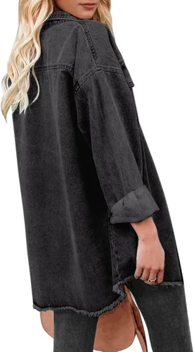 Vista 2 de Vetinee Chaqueta de mezclilla de gran tamaño con botones y dobladillo deshilachado para mujer