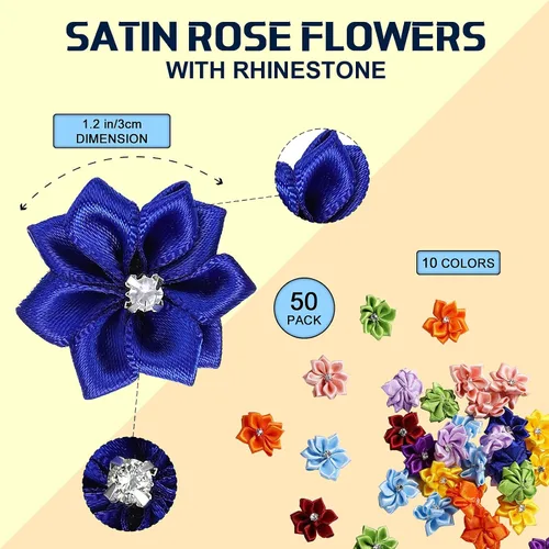 Vista 2 de 50 lazos de satén de flores de 1.18 pulgadas, apliques de costura de flores de margarita, adornos de boda, decoración de manualidades, corona