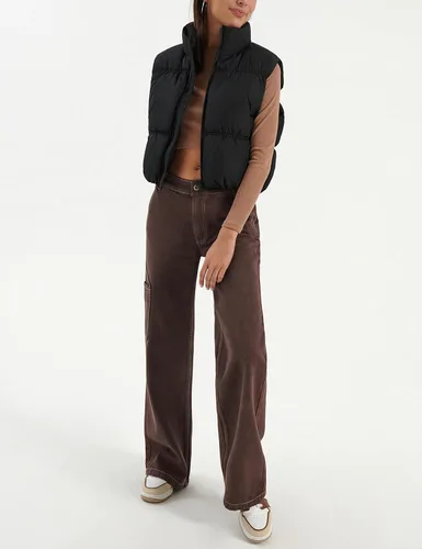 Vista 5 de EsheSy Chaleco acolchado recortado para mujer, cuello alto, cremallera completa, sin mangas, chaqueta acolchada cálida