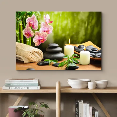 Vista 2 de wall26 Lienzo Impreso Arte de Pared Meditación Yoga Masaje Piedras Flores de Orquídea Rosa Naturaleza Vida Silvestre Fotografía Realismo Paisaje