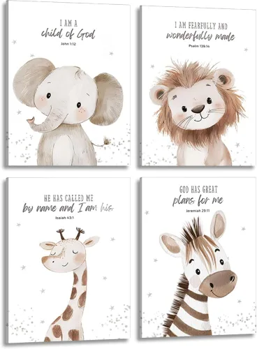 Vista 9 de Arte de pared enmarcado para guardería con versículo bíblico de animales en lienzo, arte de pared divertido y lindo de animales de safari, pintura