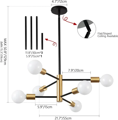 Vista 2 de KAISITE - Candelabro Moderno Sputnik - Candelabro de 6 Luces con Ajuste de Altura, Acabado en Negro y Oro para Cocina, Dormitorio y Vestíbulo