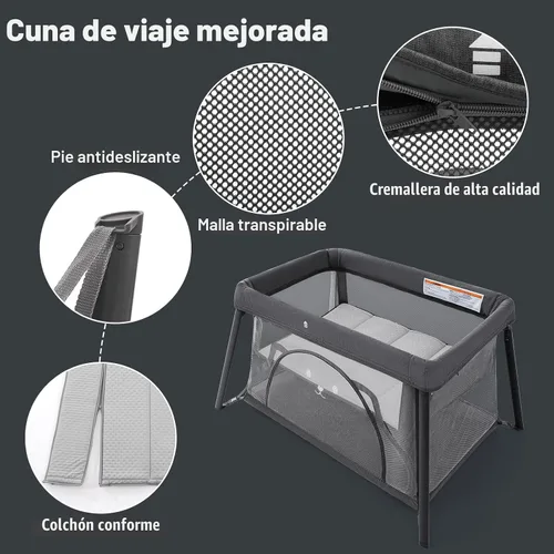 Vista 3 de Cuna de viaje, cuna portátil para bebé, parque de juegos portátil para bebés y niños pequeños, diseño de mochila ligera, corralito de viaje plegable