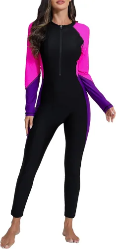 Vista 7 de Halcurt - Traje de baño de una pieza con cremallera frontal para mujer, manga larga, con protección contra erupciones (factor de protección solar 50)