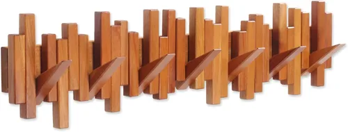Vista 7 de Perchero de madera para pared con palos montados en la pared, estante múltiple, hecho a mano, en madera de haya natural, con 7 ganchos modernos