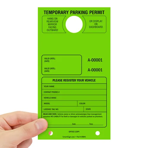 Vista 3 de SmartSign Etiqueta colgante de espejo "Permiso de estacionamiento temporal" Paquete de 50 Verde fluorescente Cartulina de 7.75 x 4.25 pulgadas