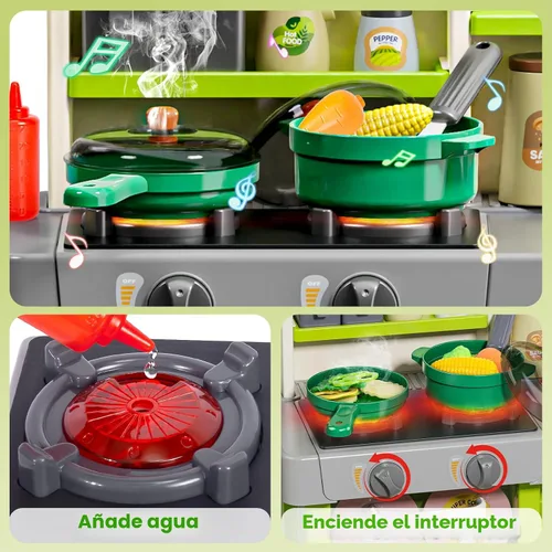 Vista 4 de Letapapa Juego de Cocina para Niños, Juguetes de Cocina con Sonido y Luz Realistas, Estufa de Cocina, Fregadero, Comida de Juego y Accesorios