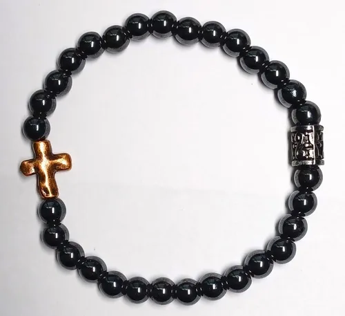 Vista 2 de Faith Based Stretchy Hematite Beaded Bracelet with Bronze Cross