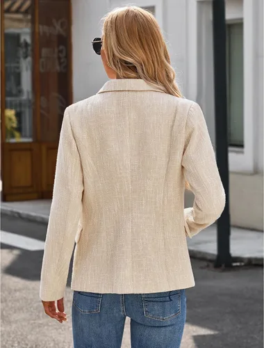 Vista 8 de luvamia Blazers de tweed para mujer, chaqueta casual de negocios, chaqueta elegante, trajes de trabajo, oficina, trajes profesionales de manga larga