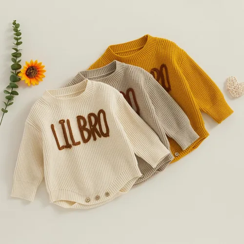 Vista 7 de Emmababy Suéter de punto grueso para bebé, sudadera bordada con letras bordadas de gran tamaño, traje de otoño