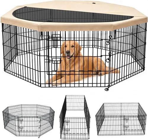 Vista 13 de PETIME - Corral plegable de metal para ejercicio de perros/Parque de juegos para cachorros con 8 paneles para interior/exterior, valla de patio