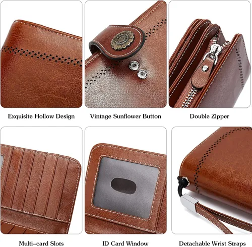 Vista 5 de BOSTANTEN Cartera de cuero genuino para mujer, de gran capacidad, cartera de mano, tarjetero con bloqueo RFID