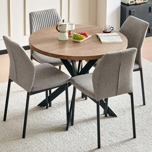 Vista 27 de Juego de mesa de comedor para 4, mesa de comedor rectangular irregular de madera moderna, sillas de comedor de cuero, 4 mesas y sillas, juego de 4