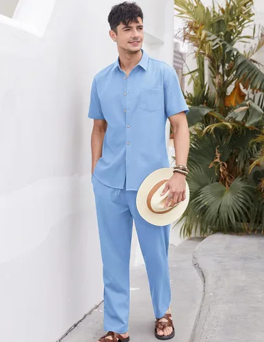 Vista 4 de COOFANDY Conjunto de 2 piezas de lino para hombre, conjunto de camisa y pantalón con botones para la playa