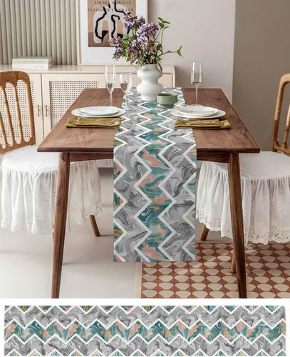 Vista 3 de Zigzi - Bufandas de mesa azules, textura de mármol a rayas grises de Zigzi, camino de mesa de comedor, decoración de mesa rectangular lavable