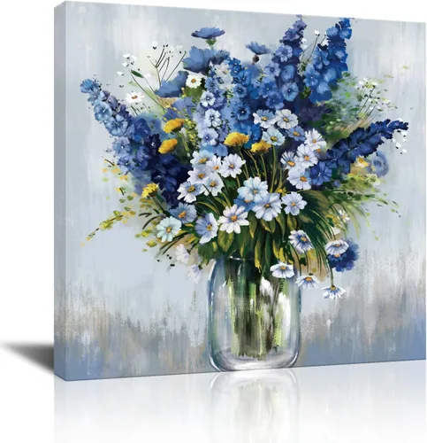Vista 7 de Arte de pared de flores azules, impresión en lienzo floral azul marino, paisaje natural, arte de pared para sala de estar, dormitorio, pintura