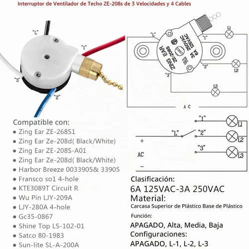 Vista 2 de Interruptor de ventilador de techo con 4 cables preinstalados, 3 velocidades, 4 cables, ZE-208s Zing Ear E89885, interruptor de cadena de tira